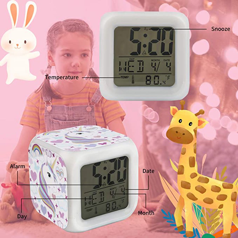 4-sided Unicorn Pattern And 7 Kinds Of LED Luminous Wake-up Bedside Clock Unicorn Room Decoration Children's Alarm Clock