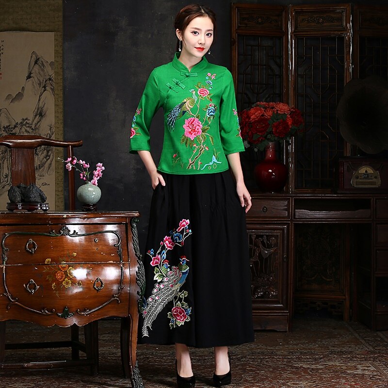 Lange Hemd Weiblichen Bestickte Bluse Tunika Kimono Strickjacke orientalisch Chinesischen Stil Shirt Sommer Spitzen für Frauen