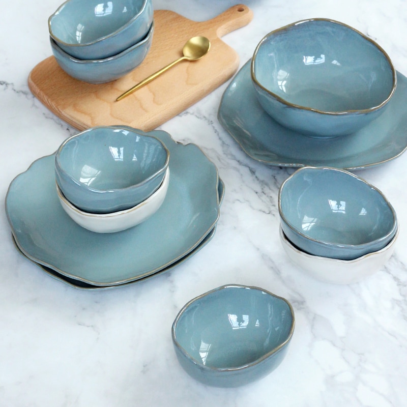 Vajilla de cerámica nórdica creativa, cuencos irregulares, plato para ensaladas, juego de platos para ensaladas y frutas hecho a mano, estilo japonés
