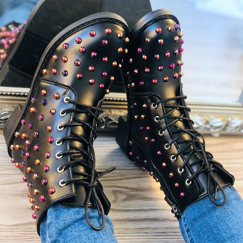 Autumn Winter European Style Boots For Women Red Silver Rivet Martin Boots Flats Lace Up Boots Plus Size 35-43
