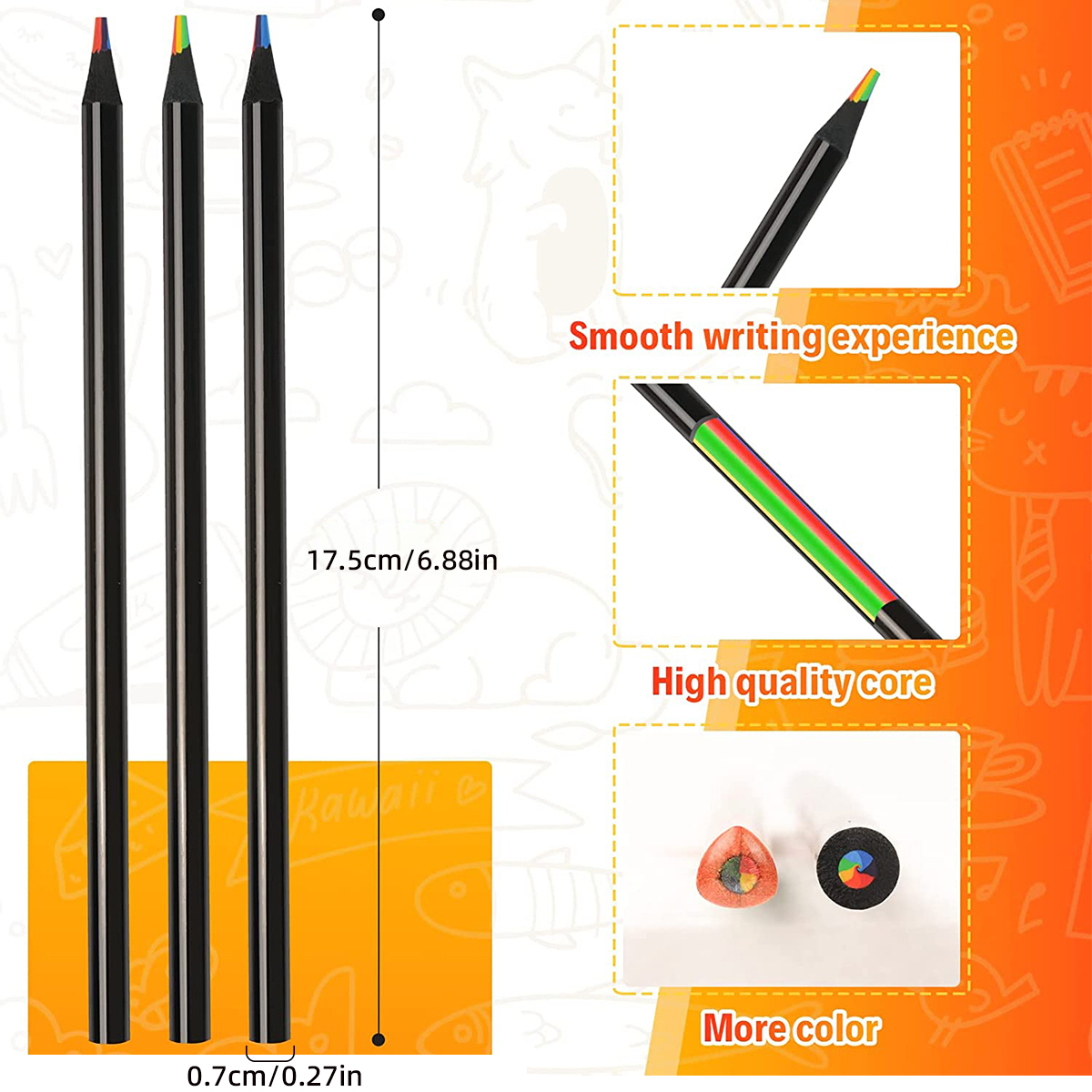 10 lápices de colores de madera negra, lápiz de dibujo arcoíris 7 en 1. para dibujar, garabatear, colorear, pintar