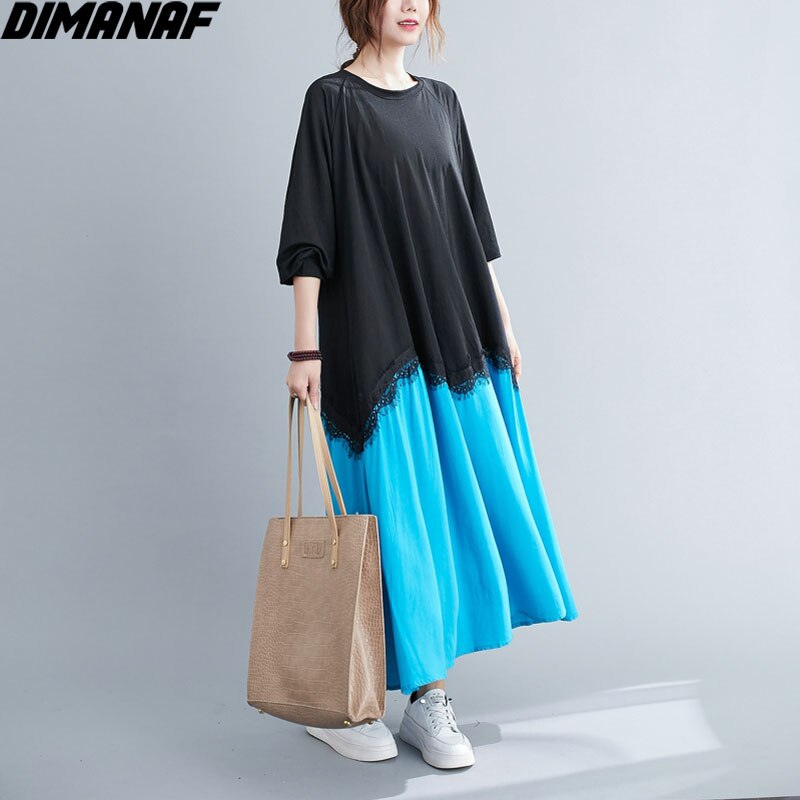 Dimanaf outono plus size vestido feminino a linha de renda emendado vestidos femininos elegante senhora vestido solto manga comprida vestido roupas