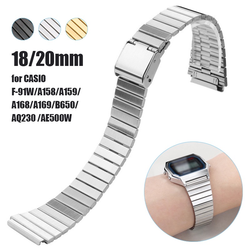 Bracelet en acier inoxydable, 18mm 20mm, pour CASIO F-91W/A158/A159/A168/A169/B650/AQ230 /AE500W, Bracelet de montre en métal Ultra-fin