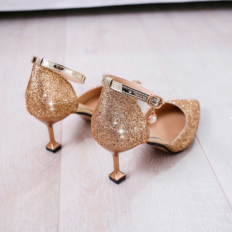 Plus size 43 kvinnor bröllopsskor guldklackar ankelrem pumps höga klackar silver brudskor kvinna bling klänning skor 7729