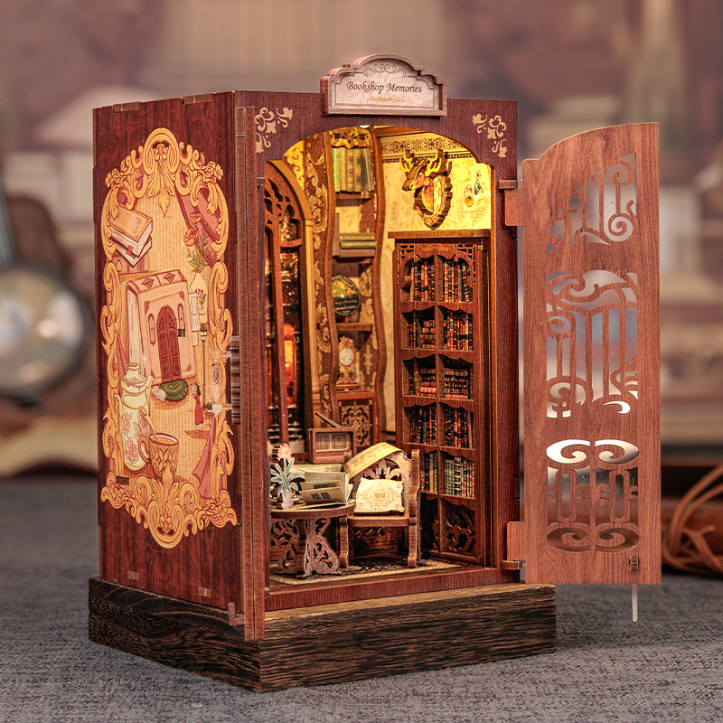 CUTEBEE DIY Buchen Winkel Bausatz Miniatur-Puppenhaus aus Holz mit Licht, Bücherregal, Einsatz, Dekorationsmodell für , Buchhandlung, Erinnerungen