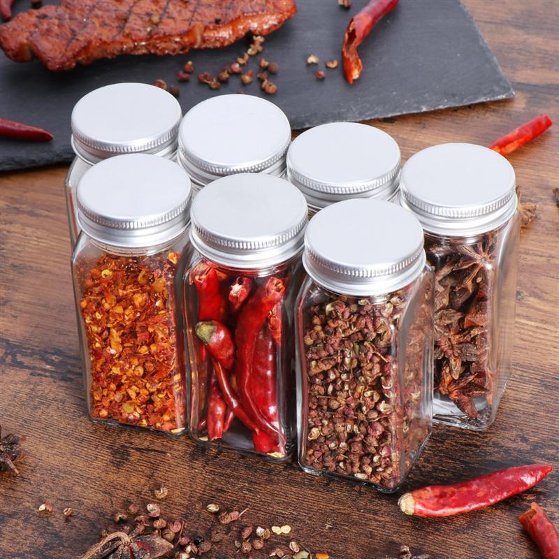 12 Uds. Tarros para especias, recipientes cuadrados de vidrio, botella para condimentos, botellas de cocina y exteriores para acampar, envases para condimentos con tapa