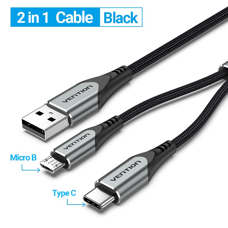 Vention 2 in 1 usb type c kabel til xiaomi redmi note 10 samsung  s20 usb opladerledning til huawei  p40 pro mate 30 mikro usb kabel: Mikro tilføje type c / 0.5m