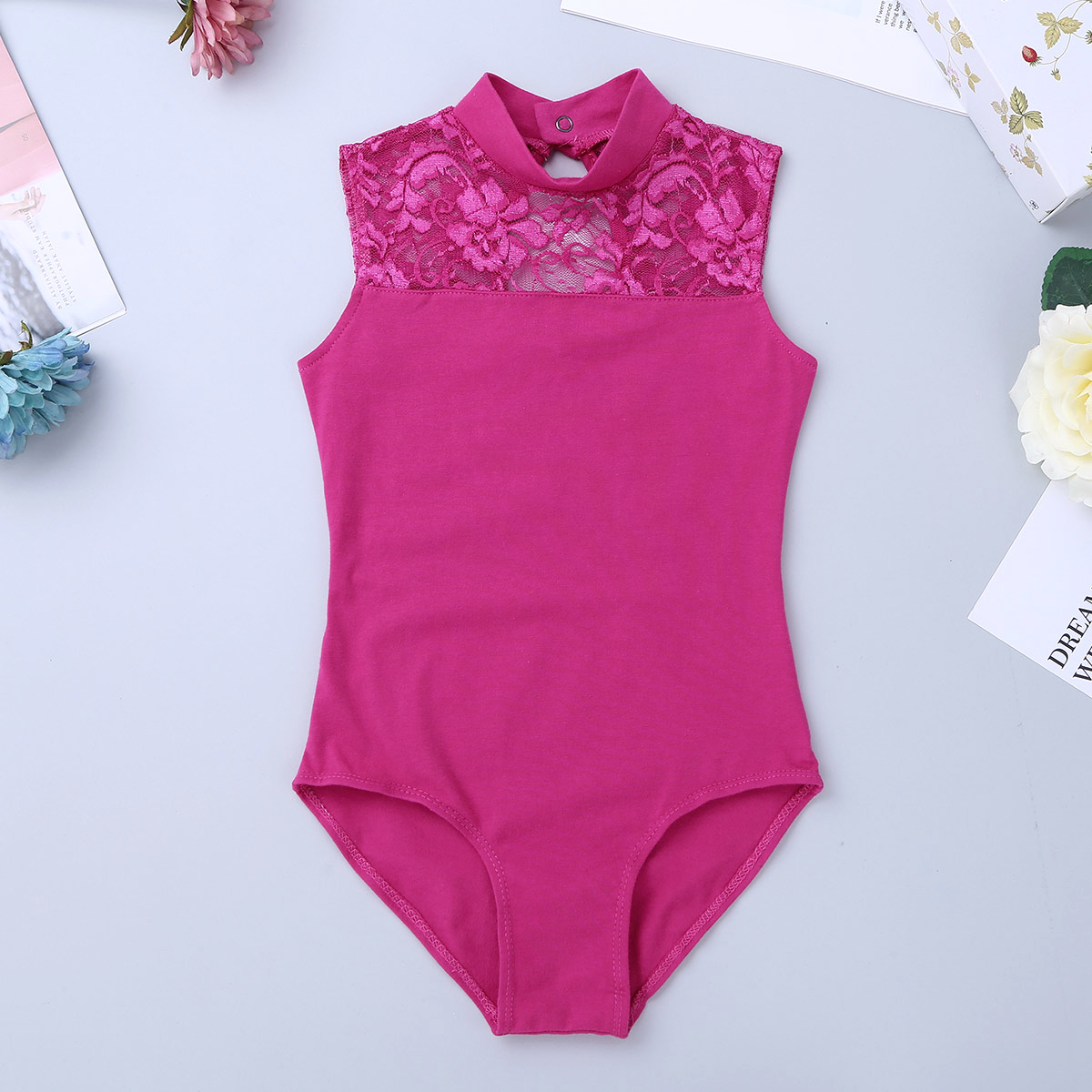 IIXPIN-robe de Ballet Tutu pour filles, justaucorps sans manches col tortue dos en dentelle, gymnastique dans la danse: Rose Red / 3XL