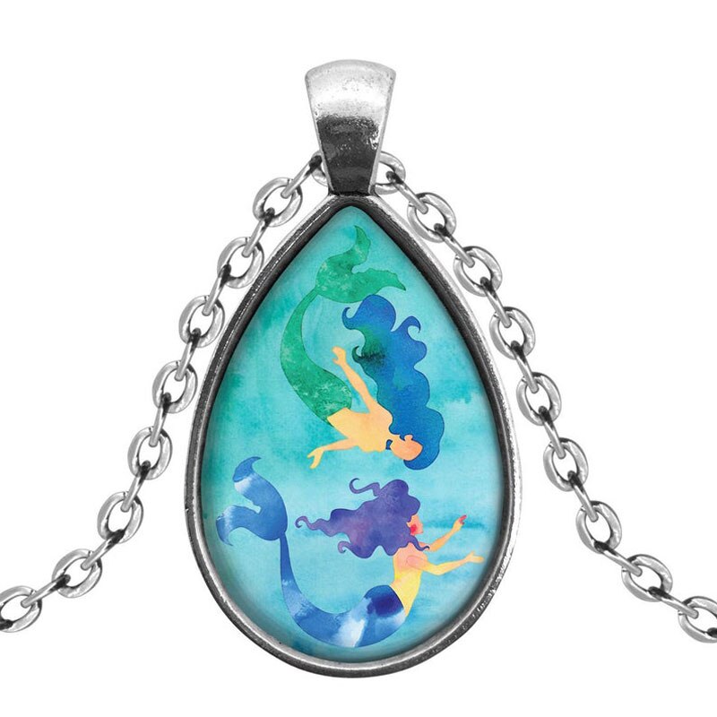 1PCS Women Watercolor Mermaid&amp;Mermaids&amp;Red Cardinal Glass Pendant Necklace,Charm Jewelery For Wedding Parties jewelry: Mermaids