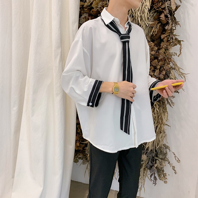 Skjorter menn bluse casual plus size koreansk langermet skjorte herre solide svarte bluser komfortable hvite klestopper: Hvit / M
