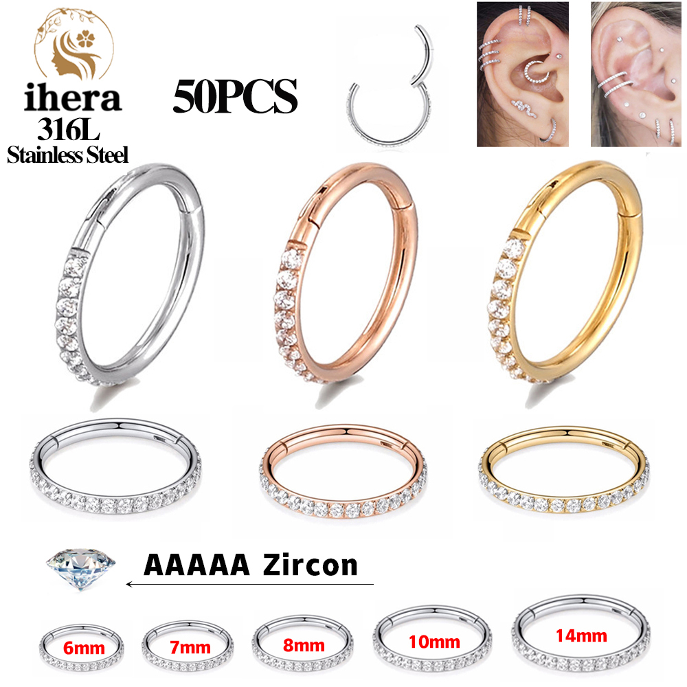 1/10/50 Uds. Anillo de acero inoxidable con bisagras de circón para tabique nasal, pendientes redondos, aros para oreja, Tragus, hélice, joyería para Piercing