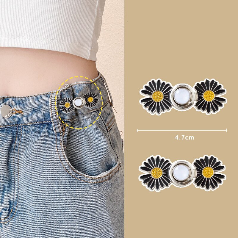 2 Stück Gänseblümchen-Blumen-Hosen-Broschen, Schnallennadeln, straffen sterben Taille, Taillenclip, verstellbarer Druckknopf, abnehmbarer Knopf für Hosen, Jeans