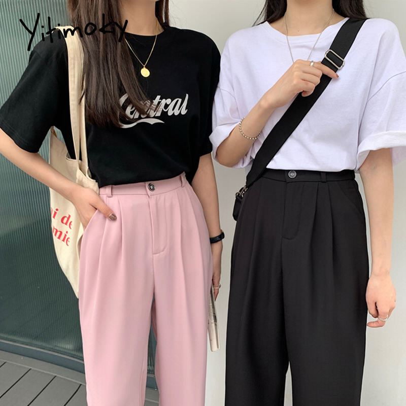 Elastiske taljebukser kvinder formelle damer lige bukser kvinder pink sort plus size højtaljede bukser streetwear koreanske bukser
