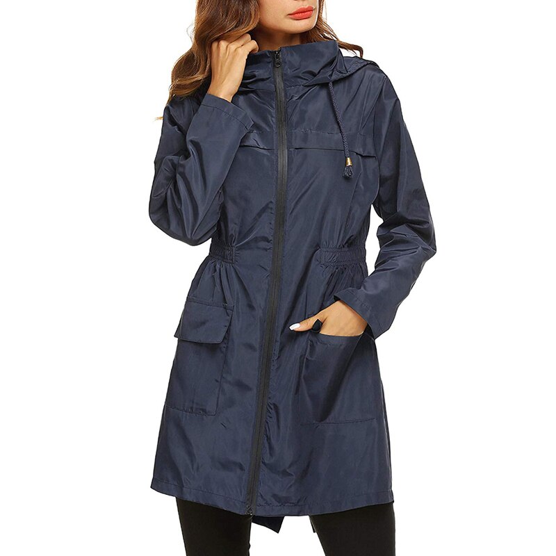 Women Waterproof Packable Hooded Jacket Outdoor Hiking Clothes Lightweight Raincoat: Navy / L