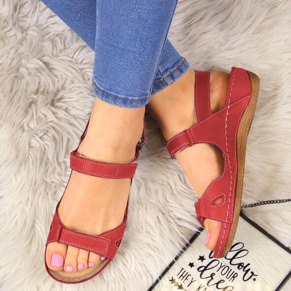 Oeak Sandalias planas de verano Mujer señoras de de cuero plano sólido Peep Toe Sandalias Mujer de talla grande Sandalia femenina