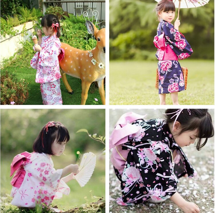 japanese traditional cotton Cosplay Kimono kawaii japan yukata kimono girl flowers kimono dress with obi
