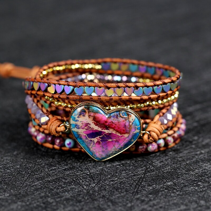 Aankomen Natuursteen Hart Charm Wrap Armbanden Handgemaakte Boho Stijl Sieraden