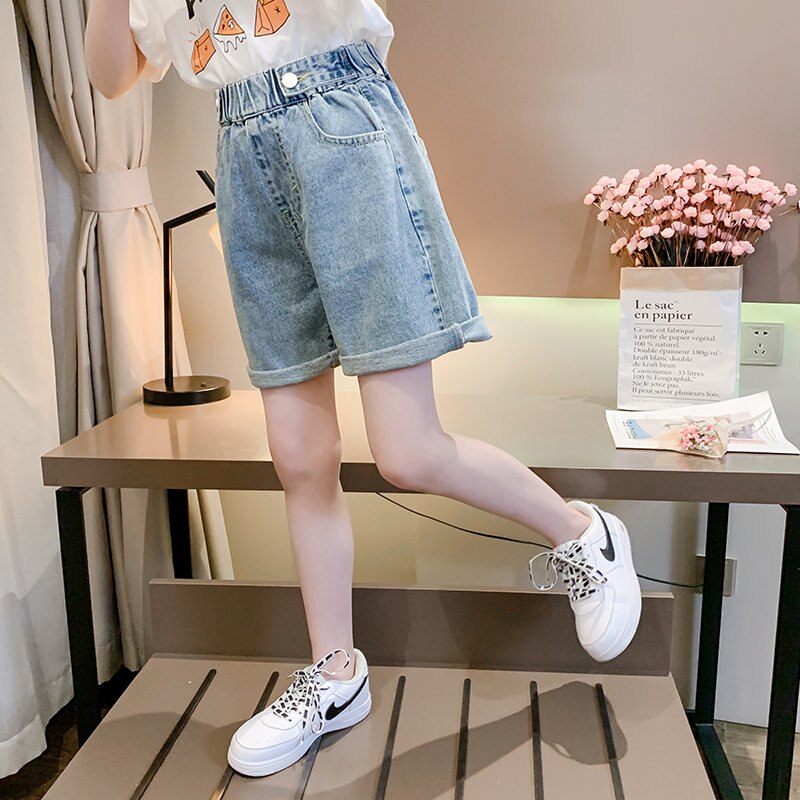 Sommarshorts knälång 4 6 8 10 12 13 år byxor barn korta jeans byxor barn flickor vida ben byxor byxor