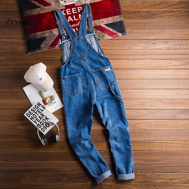 Mono vaquero azul americano para hombre, pantalones vaqueros rectos, pechera de Hip Hop con bolsillos grandes, pantalones Cargo