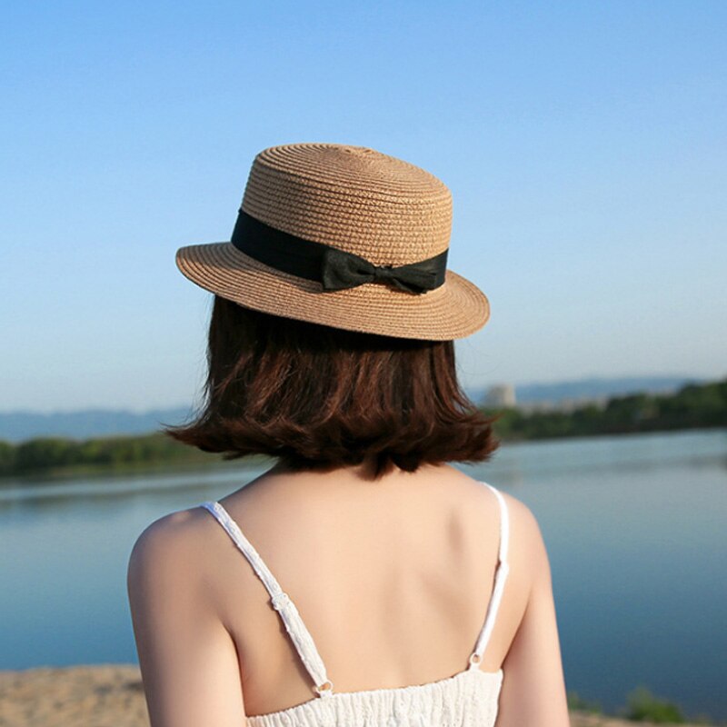 Kvinnor solhatt sommar strand stråhatt dam femme resor bowknot panama hatt platt hona