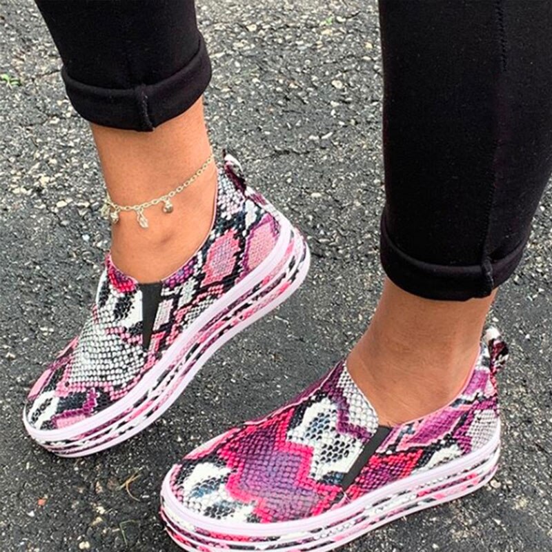 Dames slangenprint pu leren sneakers gevulkaniseerde schoenen dames instappers platform damesschoenen wandelschoenen: Paars  / 42
