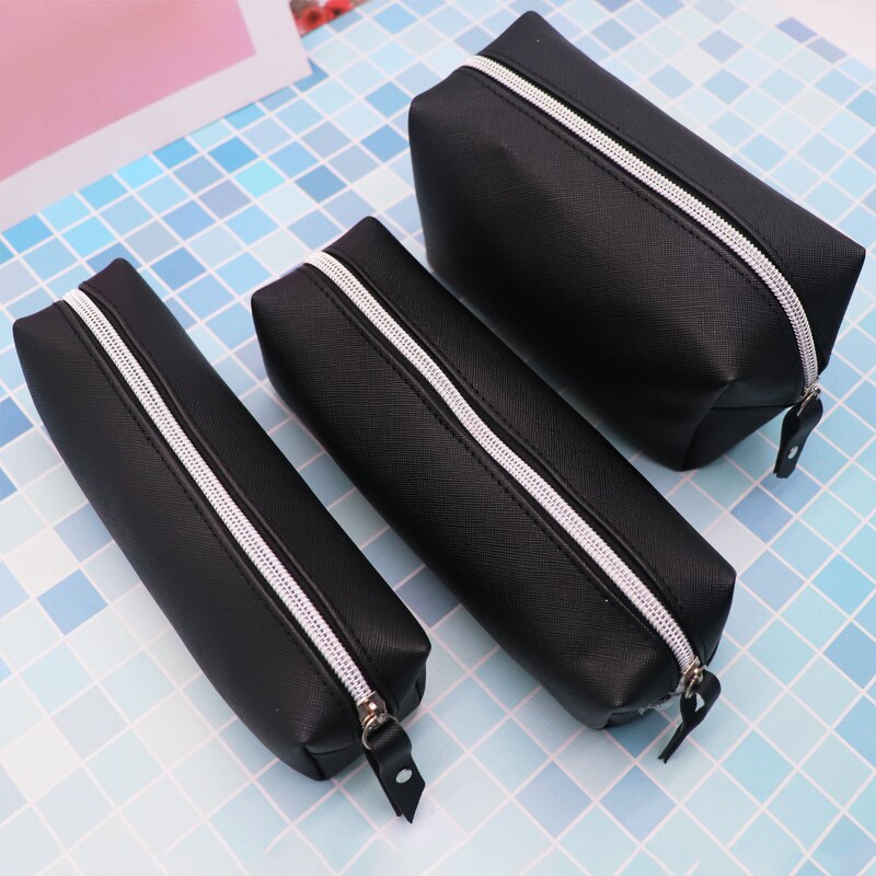 Estojo escolar de couro preto para meninas, estojo grande de lápis, material escolar, bolsa de armazenamento de papelaria, caixa de canetas