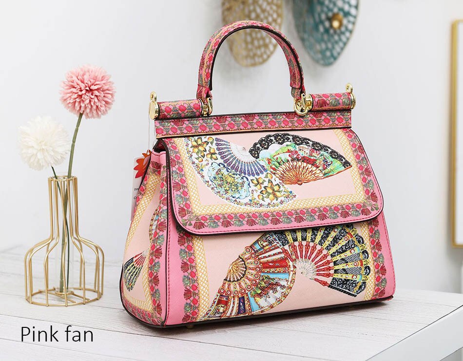 VM KISS Classic Women Frame Handbag Europe And America Printing Shoulder Messenger Totes Ladies Bags Bolsa Feminina: Pink fan