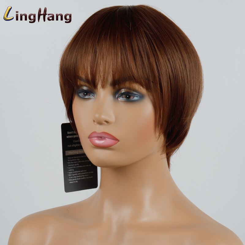 LINGHANG Short Brown Black Straight Wig Pixie Hair Cut Style Wigs For Women Synthetic Hair High Temperature Fiber
