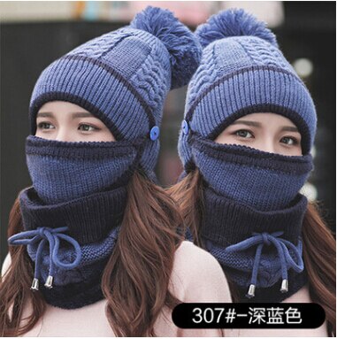 Efterår vinter kvinders hat kasketter strikket varmt tørklæde vindtæt multifunktionel hat tørklæde sæt tøj tilbehør dragt: Flåde