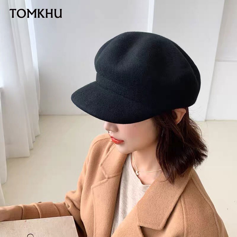 Tomkhu 100%  ullfilt vinter hestelue fast varmere kvinner beanies lokk klassisk fransk stil beret femme beanies damer lokk