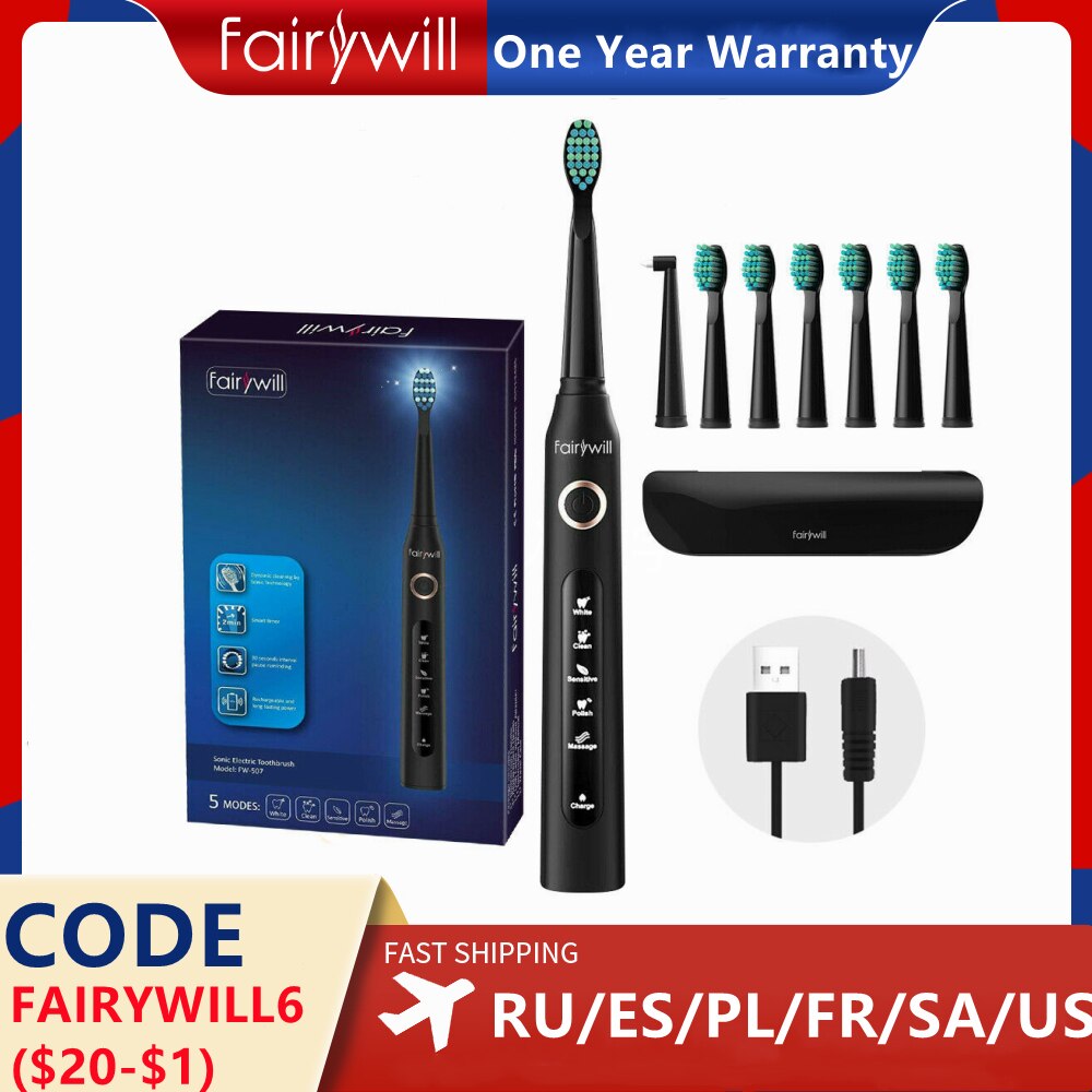 Fairywill Electric Sonic Toothbrush FW-507 Rechargeable USB Charge Waterproof Electronic Tooth 8 Brushes Replacement Heads Adult