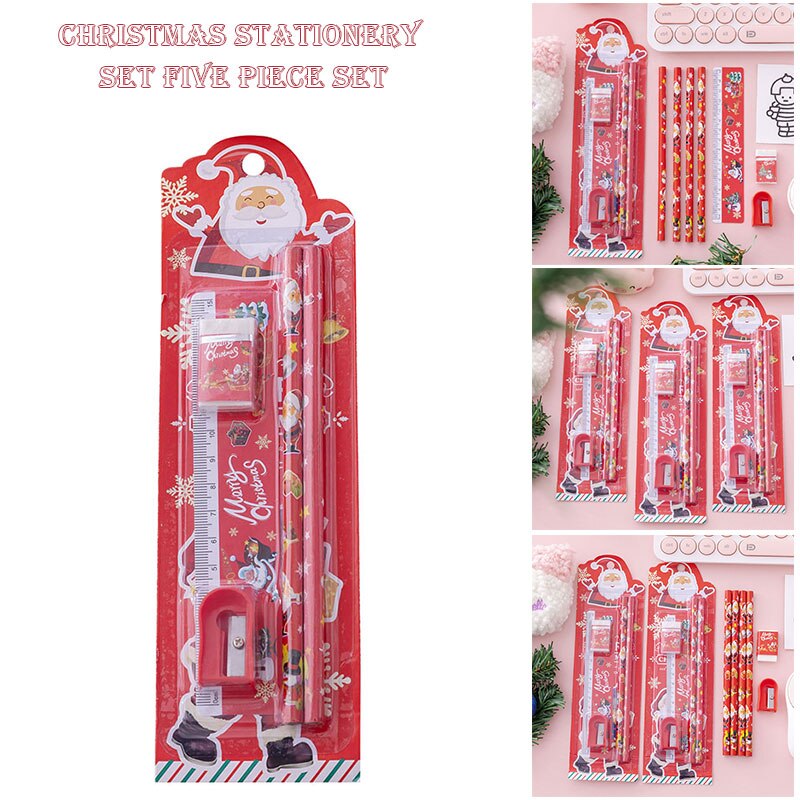 5Pcs/Set Christmas Stationery Set Cartoon Pencil Ruler Eraser Pencil Sharpener Kids Kindergarten Pupil Student School SA