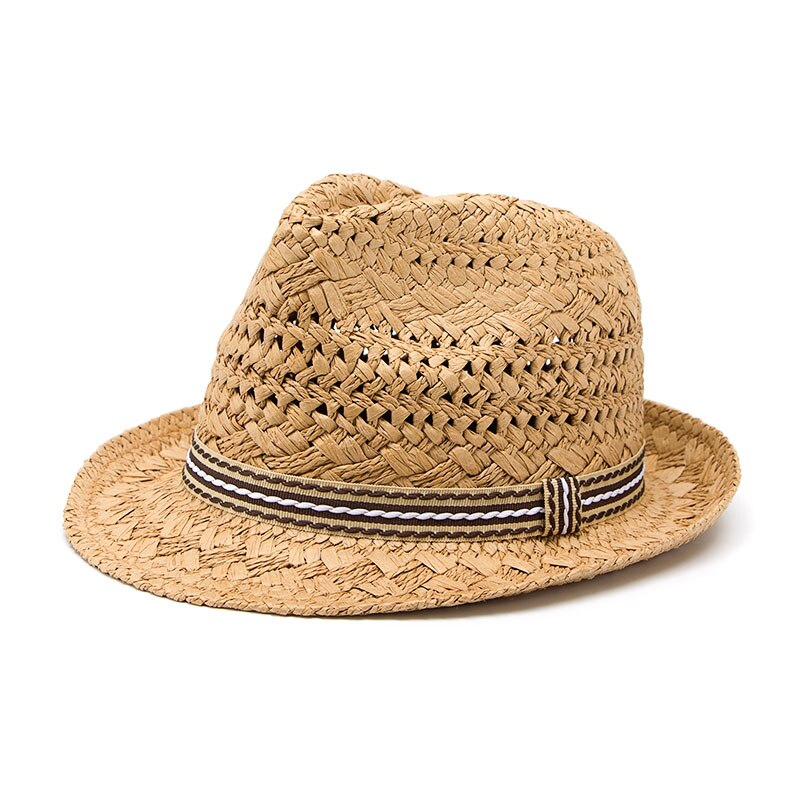 100% Handwork Child Summer straw Sun hat Boy Boho Beach Fedora hat Sunhat Trilby Girl Panama Hat Gangster Cap 25: Dark Tan