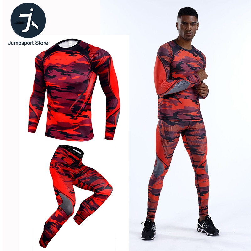 Mens Sport Running Set Compressie T-shirt + Broek Strakke Lange Mouwen Fitness Rashguard Mma Training Kleding Gym Yoga suits