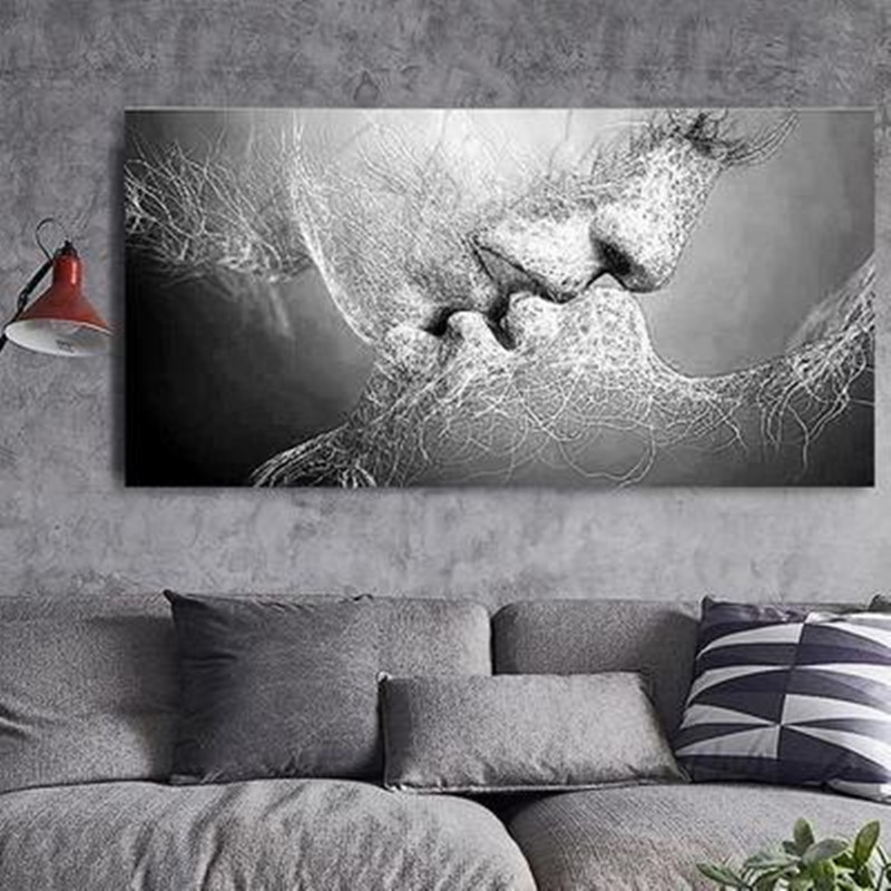 Mode Zwart Wit Liefde Kus Abstracte Kunst Op Canvas Schilderen Poster Wall Art Foto Print Thuis Wanddecoratie