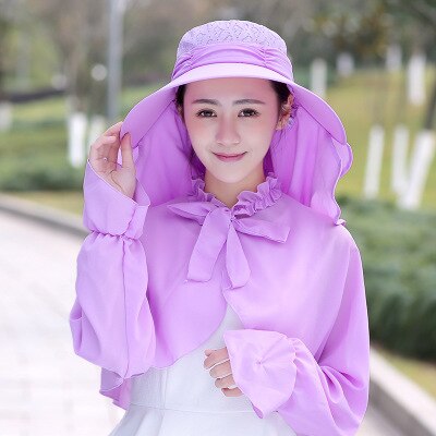 SUOGRY-Sombrero de sol con agujeros para mujer, Anti UV de protección solar, traje con chal: purple