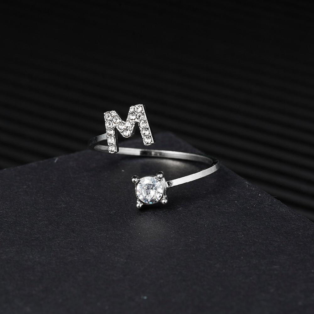 1pcs 26 Engels Letters A-Z Ringen Zilveren Kleur Strass Open Manchet Verstelbare Vinger Ringen Vrienden Paar Sieraden: M