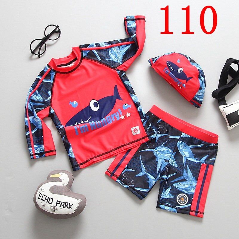 Swimwear for Kids Boys Children's Swimsuit for Boy Shark Print Long Sleeves Sun UV Protection 3 Pieces Child Bathing Clothes: SIZE 110 - 882002