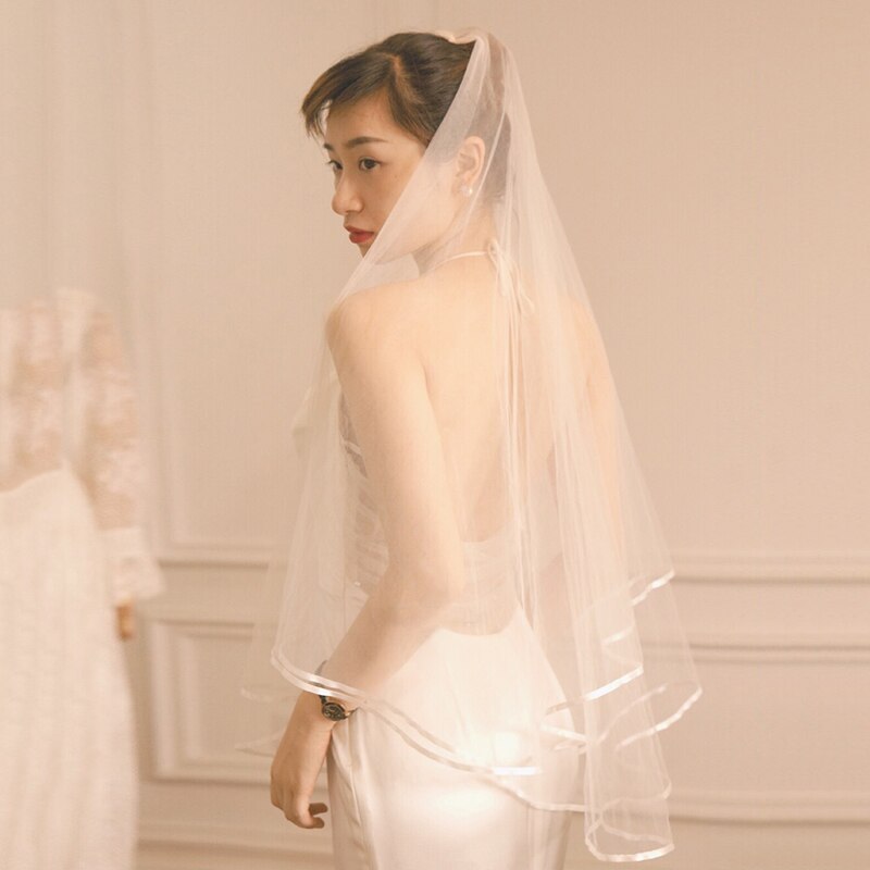 Eenvoudige en elegante bruidssluier bruids tule sluier met kam en kanten lint rand wit (wit)