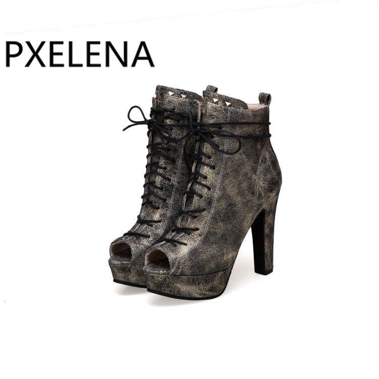 PXELENA Vintage High Heel Shoes Women Peep Toe Lace Up Zipper Punk Rock Gothic Gladiator Pumps Ladies Party Footwear Spring