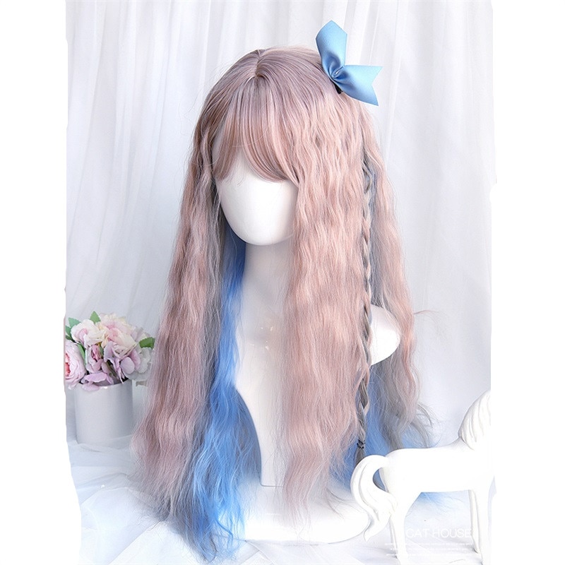 Cosplaysalon 60 Cm Lolita Lang Krullend Ombre Roze Blond Blauw Pony Leuke Hittebestendige Ombre Party Synthetisch Haar Cosplay Pruik + Cap