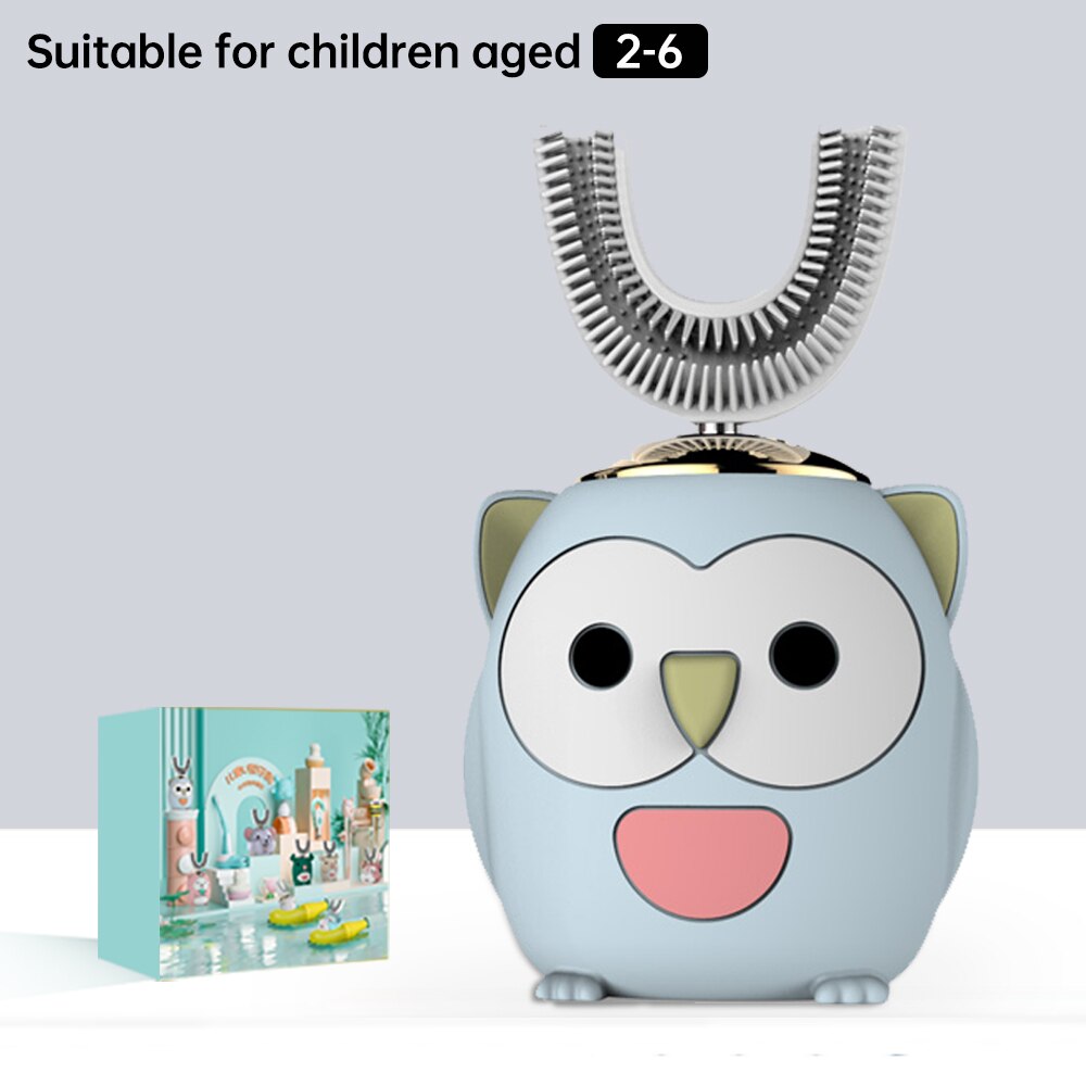 Smart 360 Degress U Sonic Electric Toothbrush Kids Silicone Automatic Ultrasonic Tooth Brush Children Blue Light Teeth Brush: Owl Gray 2-6