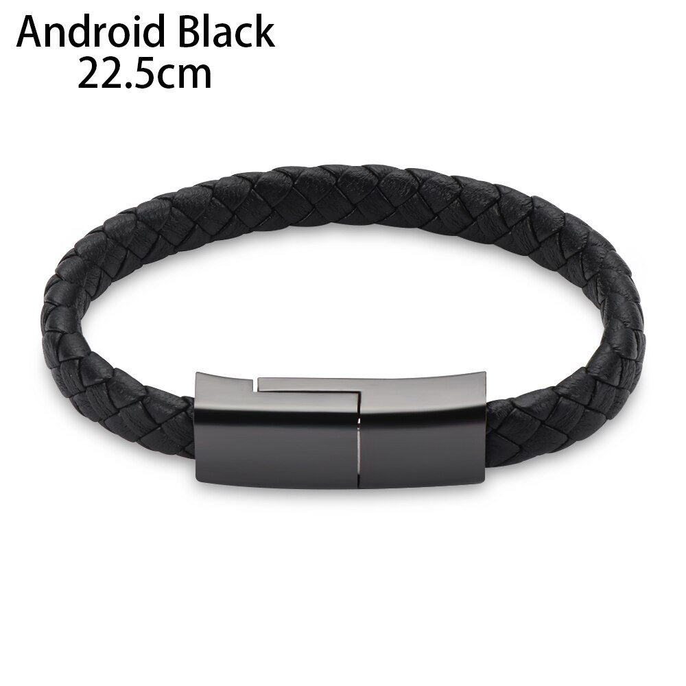 1 Pc Leather Bracelet Data Cable Type C Micro USB Wristband For Android Sync Charging -Styling Fast Charge Cable: Android Black 22.5