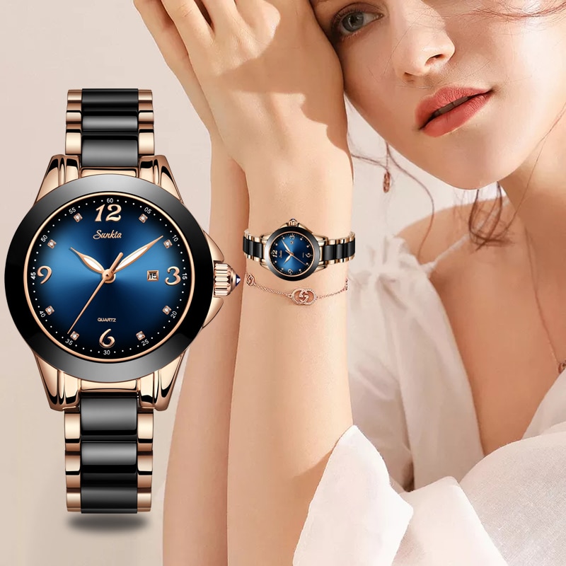 SUNKTA Blauw Mode Vrouwen Horloges Dames Top Luxe Keramische Rhinestone Sport Quartz Horloge Vrouwen Waterdichte Armband Horloge