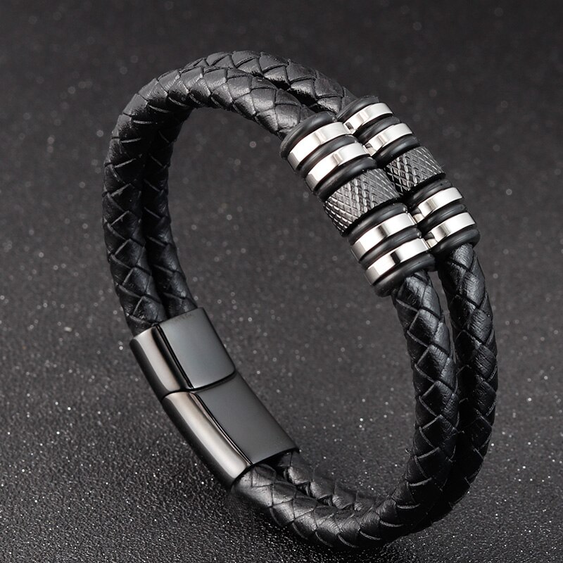 Stainless Steel Accessories Multi-layer Hip Hop Rock Style Black Color Men's Leather Bracelet Year: 21cm