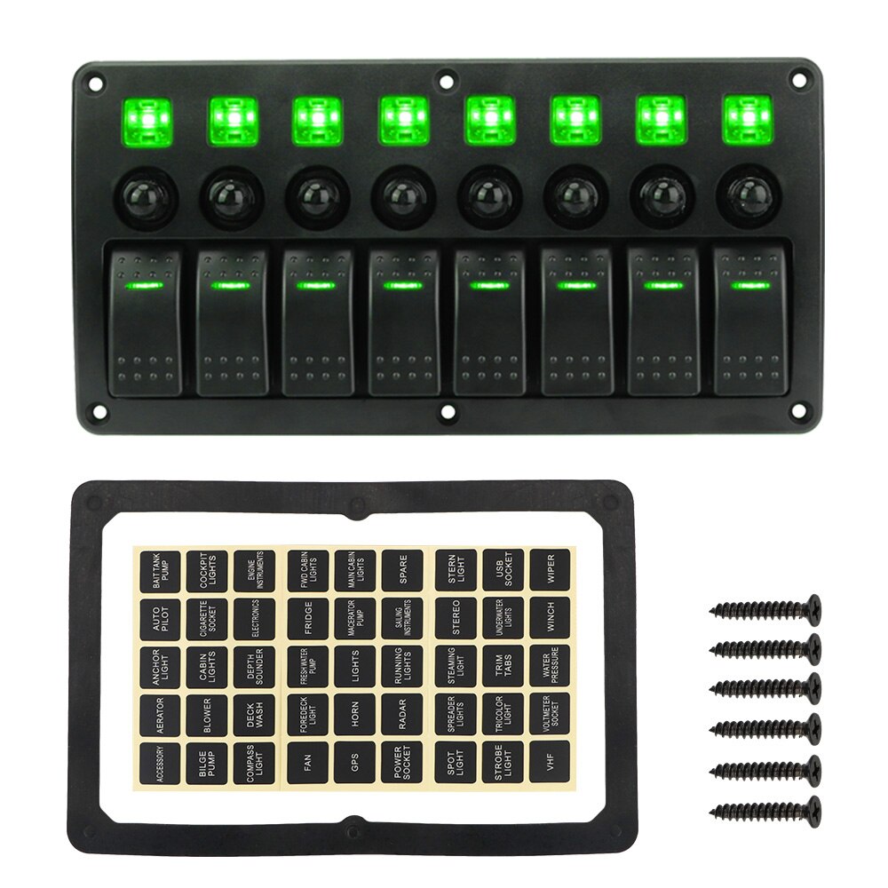 8 Gang Rocker Switch Panel For Car Vehicle Truck RV SUV Camper Marine Yacht 12/24V LED Circuit Breakers With Fuse: Green