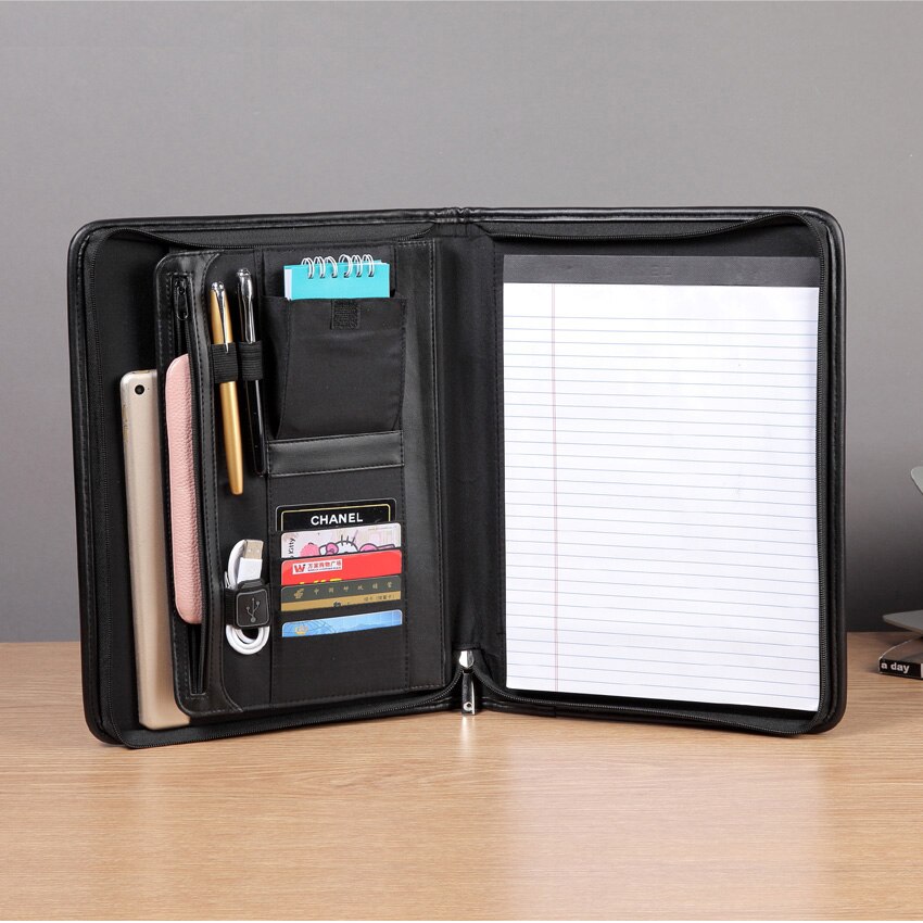 A4 läder filmappshanterare dokumentväska expanderande filorganisatör portfölj padfolio mappar dragkedja usb loop 1178