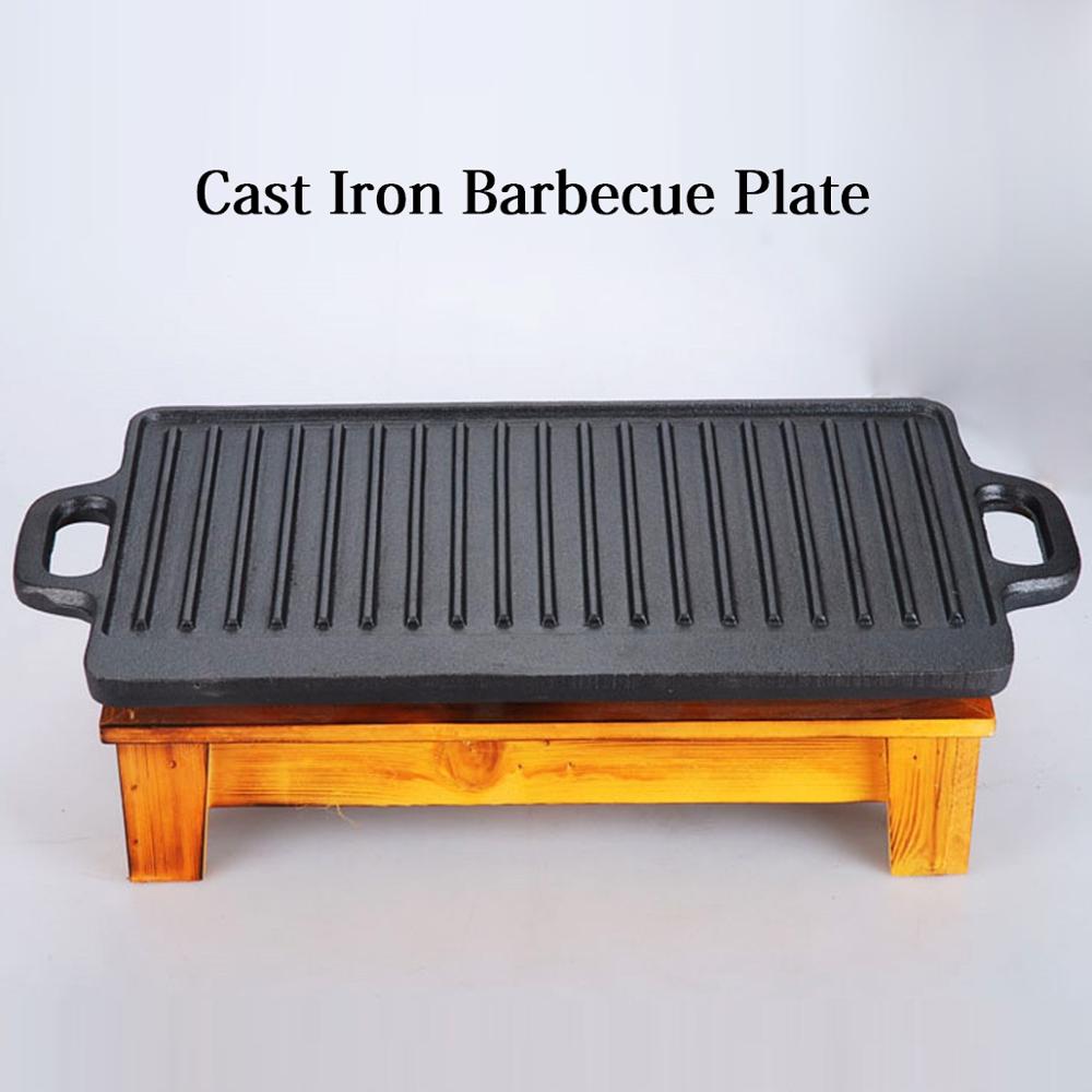 Rectangular Cast Iron Barbecue Plate Striped Roasting Pan Uncoated Double-Side Teppanyaki Meat Steak Grill BBQ Tool Accessories
