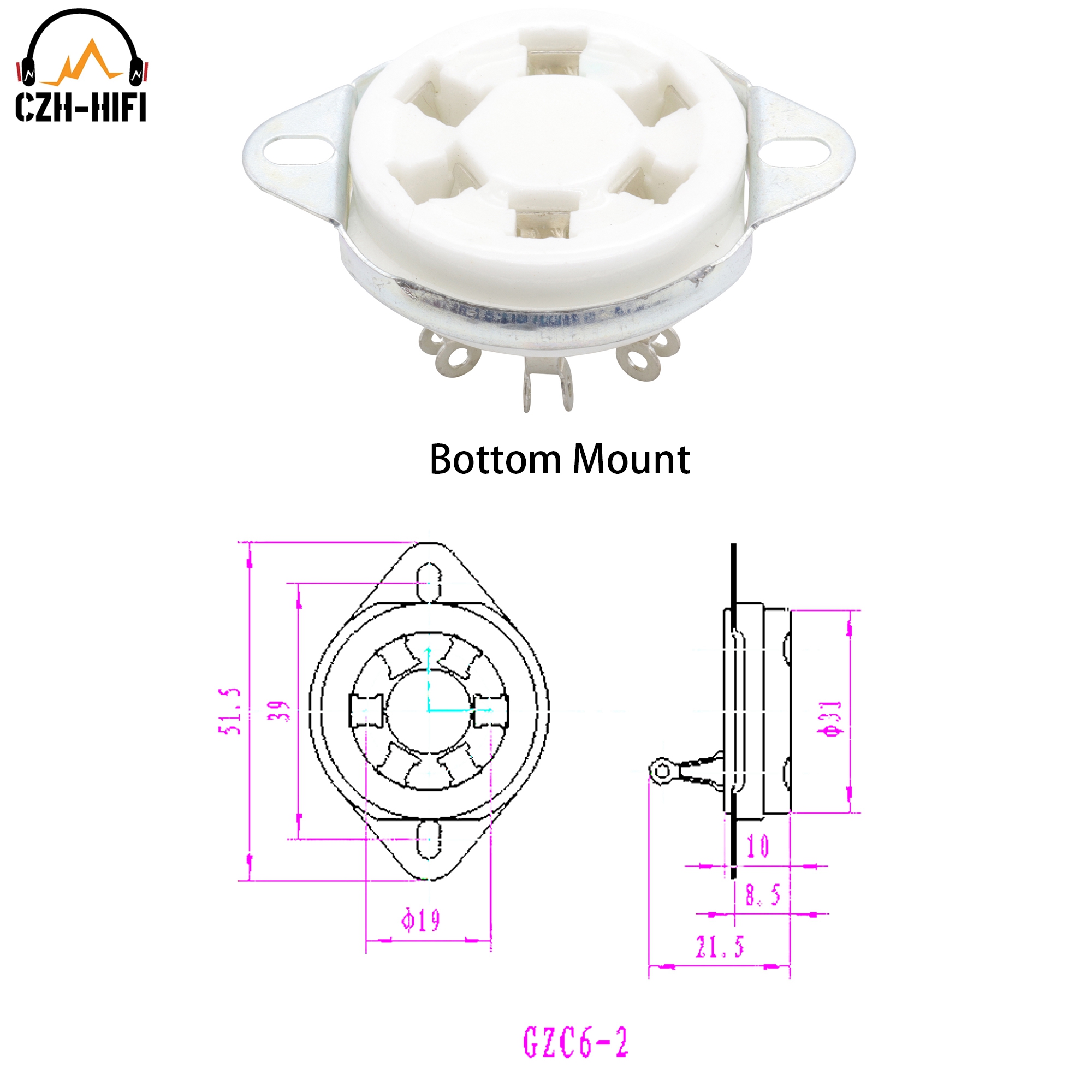 6pin U6A Rohr Buchse Keramik Ventil Basis Power Lampe Jack Für 2A5 6C6 6D6 KR43 KR49 VT57 VT58 Chassis Bottom Mount DIY HiFi: WHITE