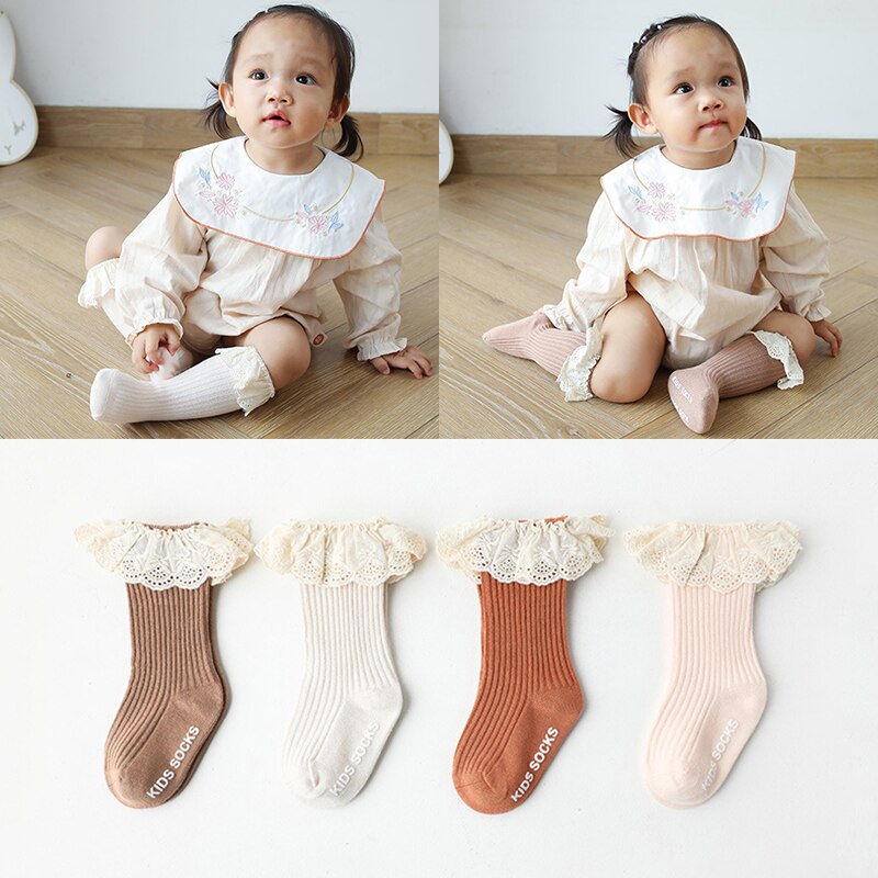 Leuke Baby Sokken Kant Prinses Kinderen Meisje Knie Hoge Sokken Lente Herfst Effen Kleur Baby Peuter Kinderen Lange Sokken